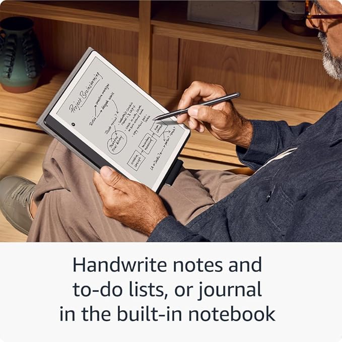 Handwritten project planning notebook on Kindle Scribe