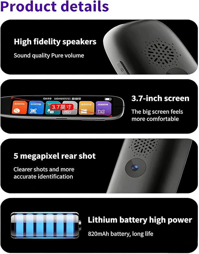 Reading pen speaker, screen, camera and battery details
