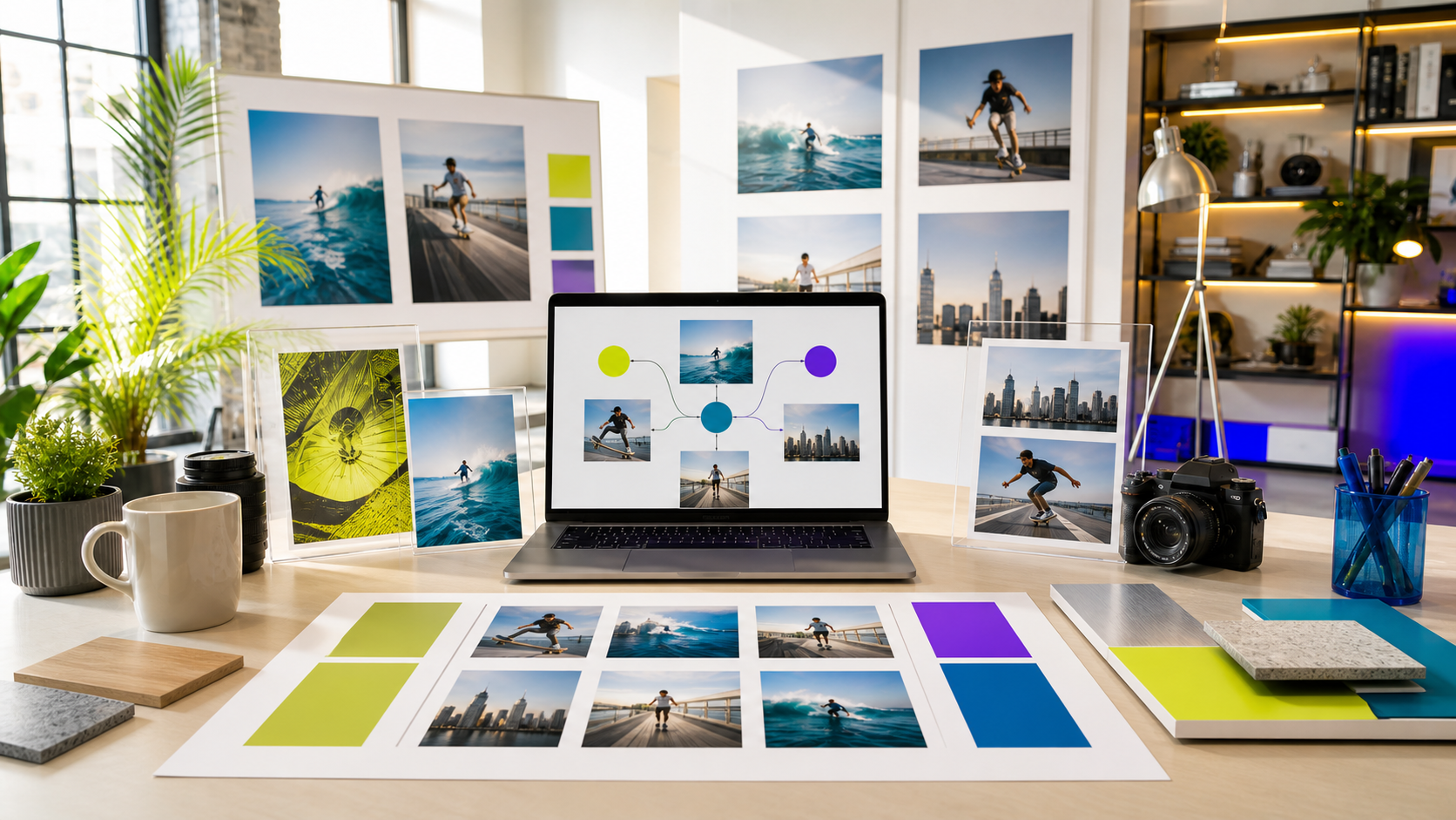 Bright creative production workspace connecting ideas, prompt direction, planning and review