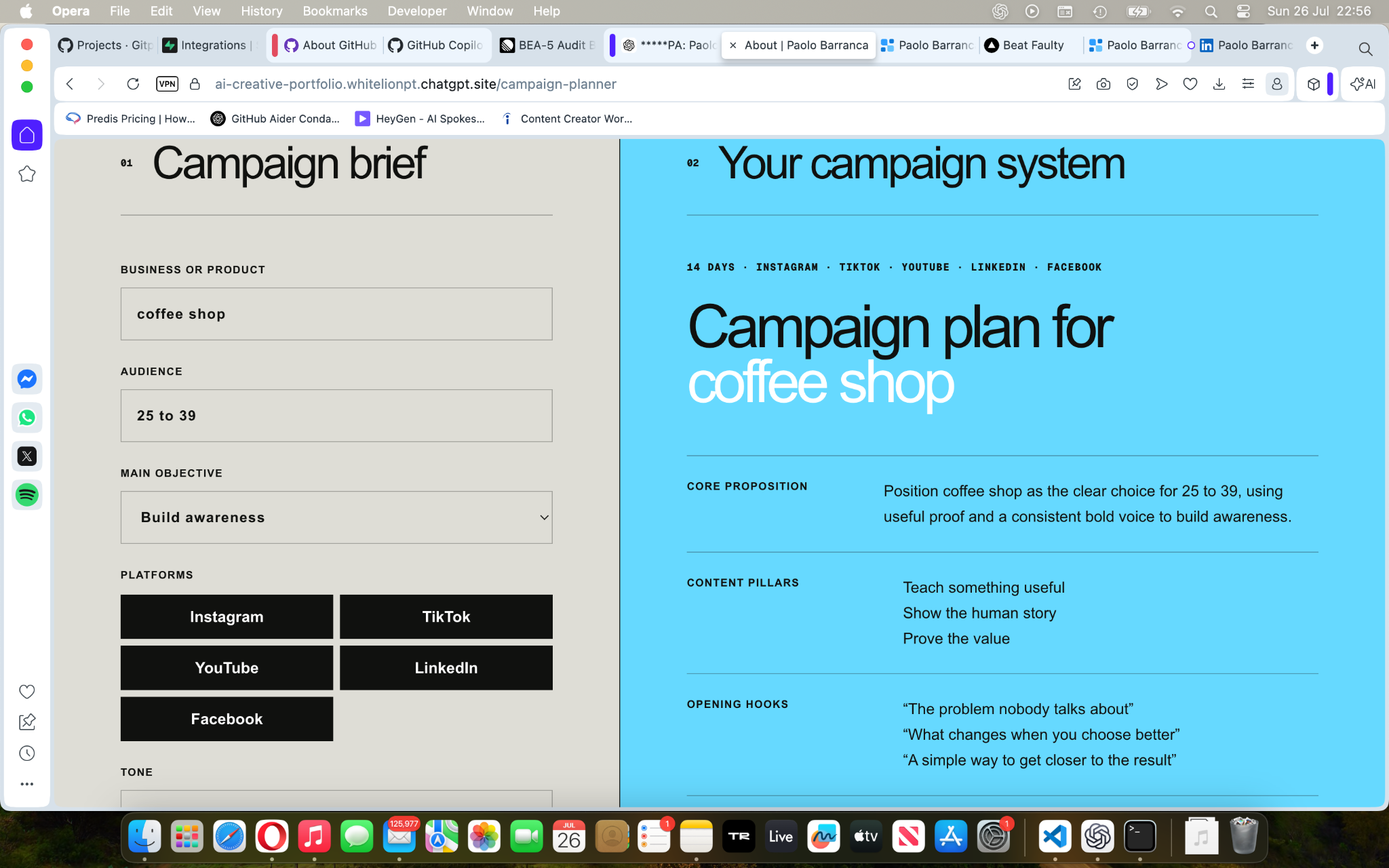 Campaign planning tool showing a business brief and generated strategy across desktop and mobile